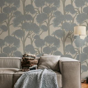 Tapete Blauer Baum, Botanischer Wald Wandbild zum Abziehen und Aufkleben, Moderne Natur Wandkunst, Skandinavische Wald Tapete, Abnehmbares Wanddekor