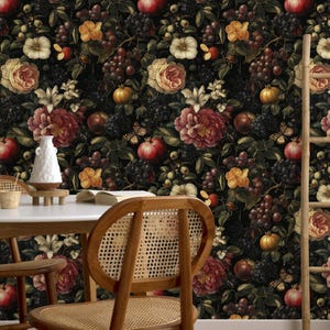Papel de parede botânico escuro Jardim secreto à noite, papel de parede de frutas Descasque e cole, papel de parede floral renascentista, mural de parede botânico vintage