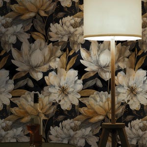 Gold Floral Wall Mural, Elegant Peel and Stick Wallpaper, Black Background Botanical Wallpaper, Vintage Luxe Flower Mural, Dark Moody Decor