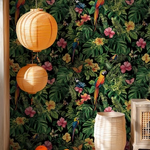 Tropical Parrot Wallpaper: Exotic Botanical Peel and Stick Wall Mural