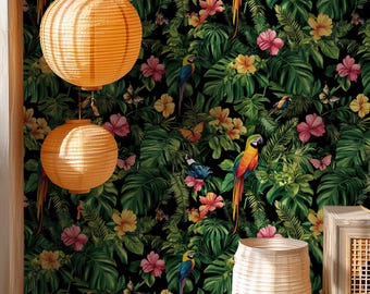 Tropical Parrot Wallpaper: Exotic Botanical Peel and Stick Wall Mural