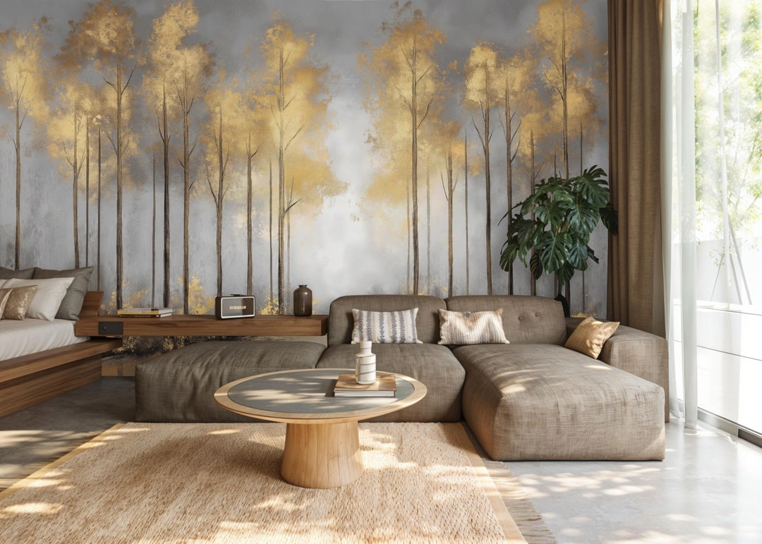 Gold Forest Wallpaper Mural: Misty Tree Landscape, Peel and Stick - Etsy