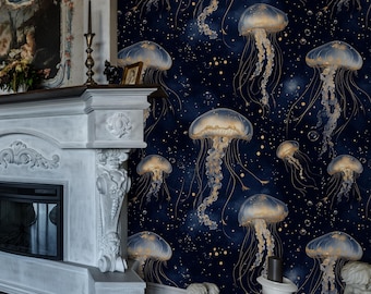 Biolumineszierende Quallen-Tapete: Dunkelmarine-Ozean Wandbild