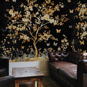 Schwarz-Gold Chinoiserie-Tapete, Vintage-Chinesische inspirierte Tapete zum Abziehen und Aufkleben, Kirschblüten-Wandbild, Goldbaum-Tapete