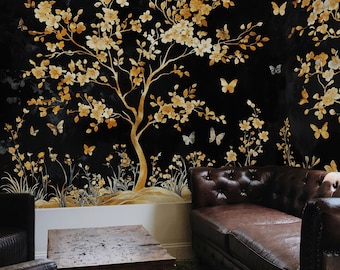 Black and Gold Chinoiserie Wallpaper: Cherry Blossom Wall Mural