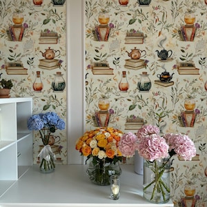 Whimsical Botanical Tea and Potion Wallpaper, Vintage Cottagecore Wall Mural with Books and Teapots, Magical Floral Peel and Stick Wallpaper