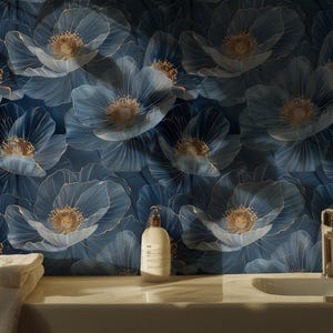 Carta da parati floreale blu, elegante murale con accenti dorati, carta da parati botanica staccabile e attaccabile, decorazione floreale ad acquerello, grande carta da parati blu navy