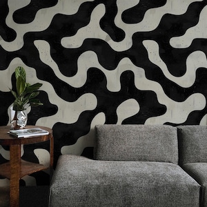Papier peint abstrait noir et blanc, décoration murale moderne de forme ondulée, décoration murale noire et blanche de formes courbes, papier peint géométrique noir et blanc