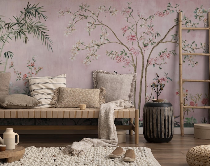 Pink Chinoiserie Wallpaper-romantic Bird&blossom -vintage Oriental ...