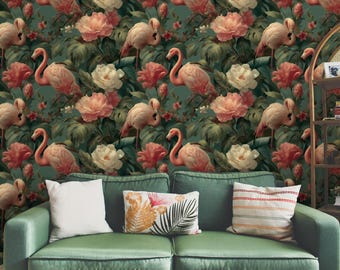 Pink Flamingo Wallpaper Mural: Tropical Floral Peel & Stick