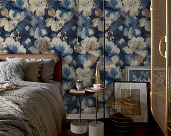Blue Floral Watercolor Peel and Stick Wallpaper: Vintage Accent Wall