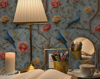 Papel pintado de estilo chinoiserie con pájaros: decoración de pared vintage botánica autoadhesiva.