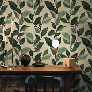 Carta da parati con motivo a foglie verdi, decorazione murale con foglie tropicali, carta da parati con foglie botaniche, carta da parati con motivi naturali stampabili, murale per decorazioni boho o giungla