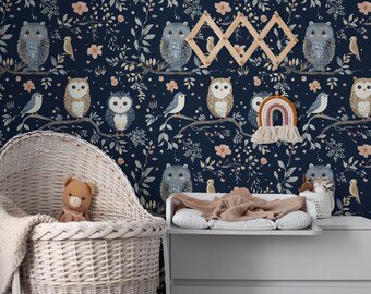 Woodland Owl Nursery Wallpaper: Dark Floral Peel and Stick Mural