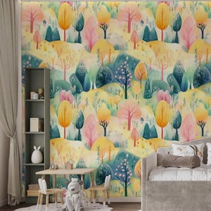 Kids Wallpaper Peel and Stick, Watercolor Forest, Trees Peel and Stick Wall Mural - Self Adhesive Nursery Wall Art, Kids Room Mountain Decor