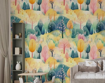 Watercolor Forest Peel and Stick Wallpaper: Kids Nursery Wall Mural