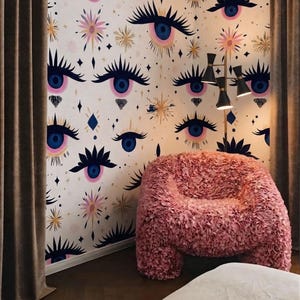 Evil Eye Wallpaper, Celestial Eye Wall Mural, Mystic Boho Wallmural , Pink Blue Cosmic Decor