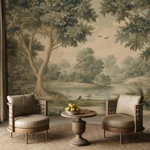 Carta da parati con paesaggio verde, carta da parati con paesaggio vintage, murale con uccelli e alberi, murale rimovibile con alberi, lago e uccelli