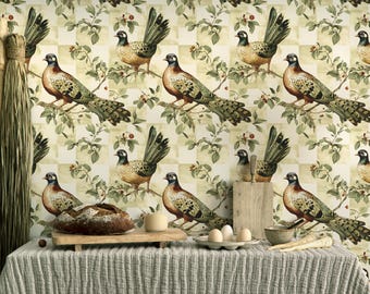 Green Pheasant Wallpaper: Botanical Bird Wall Mural
