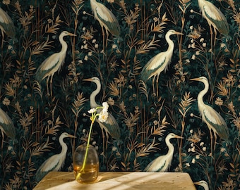 Chinoiserie Heron Wallpaper: Vintage Crane Mural, Peel and Stick
