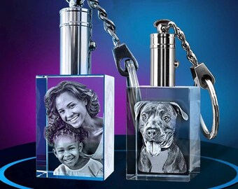 Personalized Crystal Photo Keychain with Light | 2D 3D Laser Engraved Glass Keychain | Custom Gift for Mom, Memorial, Birthday