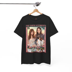 May include: Black t-shirt with a graphic from "THE EARTH 4 ELEMENTS", featuring two women's portraits and additional images. Text includes "MIM ROSE" and "APPLE DIN". The design is framed in a pink border.