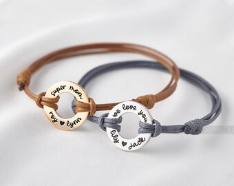 Personalized Leather Bracelet for Men, Custom Initial Washer Bracelet, Adjustable Rope Bracelet, Valentine’s Gift for Boyfriend