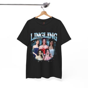 May include: Black t-shirt with a graphic design. The design features the word "LINGLING" in blue, above a collage of five women. The design has a vintage aesthetic with a blue and white colour scheme.