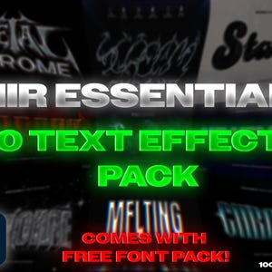 May include: A digital graphic featuring the text "MIIR ESSENTIALS" in a silver, glowing font, with "10 TEXT EFFECTS PACK" in bright green. The image includes various text effect examples and the Photoshop logo. The words "MELTING" and "FREE FONT PACK" are also visible.