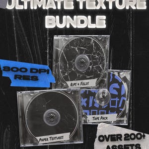 Könnte beinhalten: Eine schwarz-weiße Grafik mit dem Text "ULTIMATE TEXTURE BUNDLE" und "OVER 200+ ASSETS." Das Bild zeigt drei CD-Hüllen mit verschiedenen Texturdesigns, beschriftet mit "RIPS + FOLDS," "PAPER TEXTURES," und "TAPE PACK."
