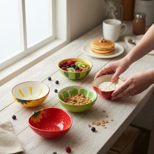 Puede incluir: Una colección de cuencos de cerámica coloridos, cada uno diseñado para parecerse a diferentes frutas. Los cuencos están llenos de varios alimentos, incluyendo fruta, cereales y requesón. Los cuencos están dispuestos sobre una superficie de madera clara.
