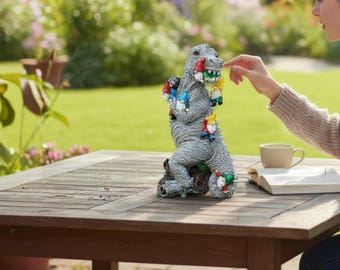 Standbeeld dinosaurus etende kabouter: grappig tuindecor van hars