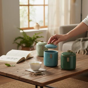 Vintage Ceramic Tea Canister with Metal Handle: Rustic Kitchen Storage