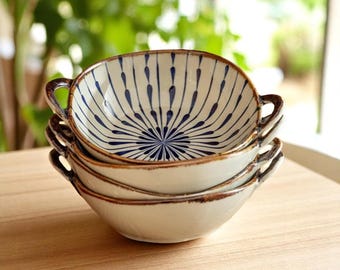 Handmade Japanese Ceramic Soup Bowl with Handles: Blue Floral Ramen Dish