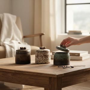Puede incluir: Tres tarros de cerámica con tapas sobre una mesa de madera. Los tarros son de color marrón oscuro, beige moteado y verde azulado. Una mano levanta la tapa del tarro verde azulado. Los tarros tienen pequeños pomos decorativos.