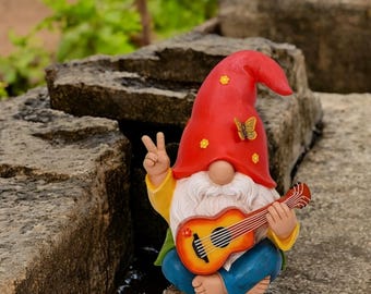 Gnome with Guitar Figurine: Funny Garden Dwarf Statue