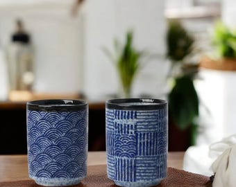 Handmade Japanese Ceramic Coffee Mug: Blue & Black Retro Tea Cup