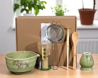 Green Ceramic Matcha Bowl Set: Japanese Tea Ceremony Gift with Bamboo Whisk