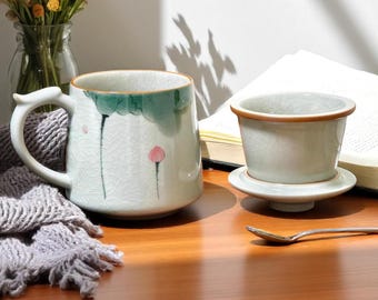 Puede incluir: Un juego de té de cerámica con una taza con un asa única y un infusor de té. La taza tiene un esmalte craquelado blanco con detalles florales verdes y rosas. Una cuchara pequeña descansa sobre la superficie de madera.