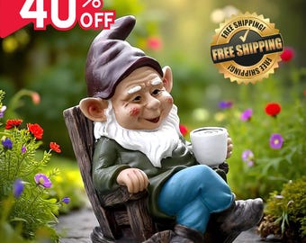 Lazy Gnome Statue: Rocking Chair, Coffee Cup - Funny Garden Decor