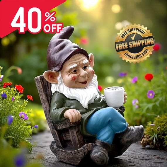 Lazy Gnome Statue: Rocking Chair, Coffee Cup - Funny Garden Decor