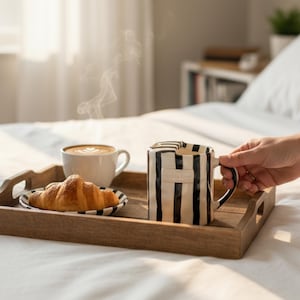 Handmålad randig keramisk resemugg: Återanvändbar kaffemugg i keramik