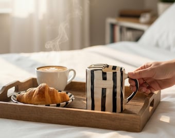 Caneca de viagem de cerâmica listrada pintada à mão: copo de café de cerâmica reutilizável