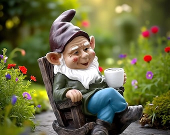 Lazy Gnome Statue: Rocking Chair, Coffee Cup - Funny Garden Decor