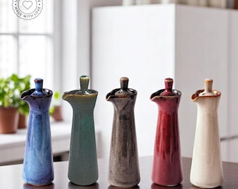 Handmade Japanese Ceramic Oil Dispenser: Glazed Pottery Bottle, Rustic Kitchen Decor
