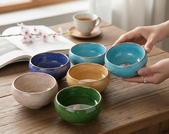 Juego de tazas de té de porcelana Double Fish: tazón de té asiático con esmaltado craquelado