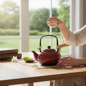 Peut inclure: Une théière en céramique rouge avec une poignée noire et un couvercle assorti est posée sur une table en bois. Une petite tasse en verre est tenue au-dessus de la théière. Une petite assiette avec une feuille verte et des livres sont également sur la table.
