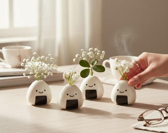 Mini Onigiri Bud Vase Set – Kawaii Ceramic Smiley Planters, Desk Decor