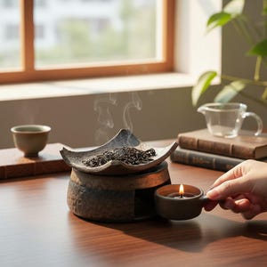 May include: A ceramic tea warmer with a candle, tea leaves, and a small teacup. The tea warmer has a dark brown, textured base with a leaf-shaped top. Steam rises from the tea leaves. A small candle is lit in a matching ceramic holder.
