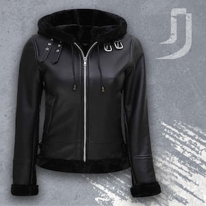 Handmade Genuine Sheep Skin Leather With Black Faux Shearling B3 Bomber Jacket for Women – Vintage Aviator Leather Jacket with Fur Hoodie